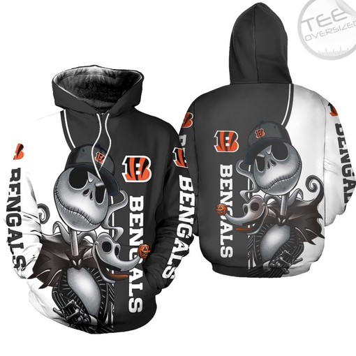 Cincinnati Bengals All Over Print 3D Hoodie with Jack Skellington and Zero Full Size