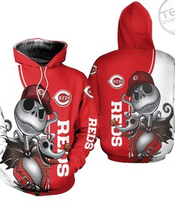 Cincinnati Reds All Over Print 3D Hoodie with Jack Skellington and Zero Full size