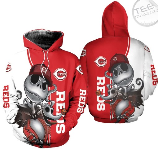 Cincinnati Reds All Over Print 3D Hoodie with Jack Skellington and Zero Full size