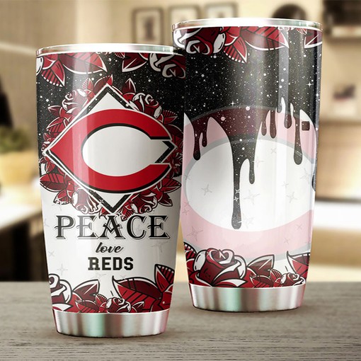 Cincinnati Reds MLB Tumbler with Catchy Peace Love Design and Iconic MLB Logo
