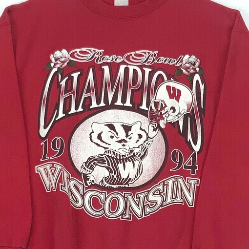 Classic NCAA 90s Apparel: Vintage 1994 Wisconsin Badgers Rose Bowl Champions Red Sweatshirt - Image 2
