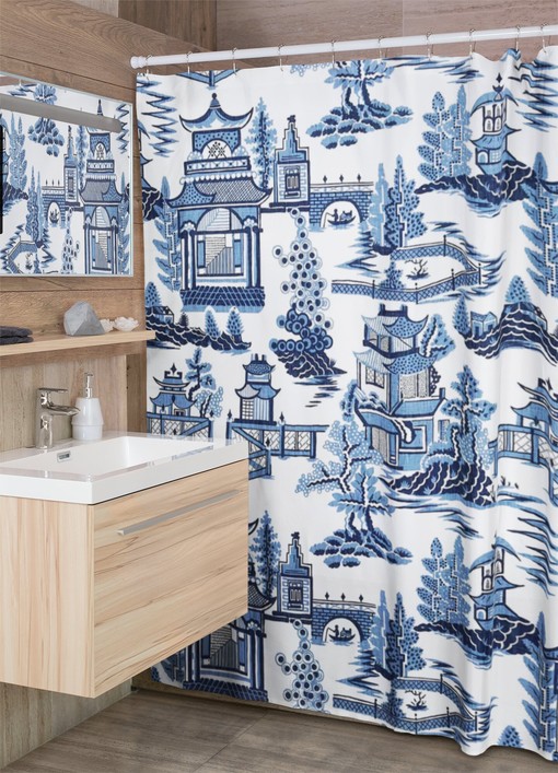 Classic Toile Shower Curtain | Elegant Blue and White Vintage Chinoiserie Tub Curtain Bathroom Shower Curtains