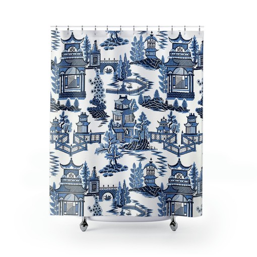 Classic Toile Shower Curtain | Elegant Blue and White Vintage Chinoiserie Tub Curtain Bathroom Shower Curtains - Image 2
