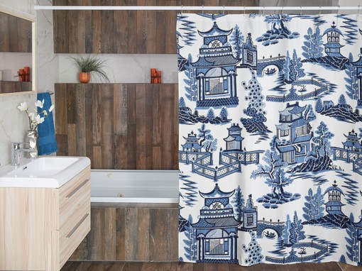 Classic Toile Shower Curtain | Elegant Blue and White Vintage Chinoiserie Tub Curtain Bathroom Shower Curtains - Image 4