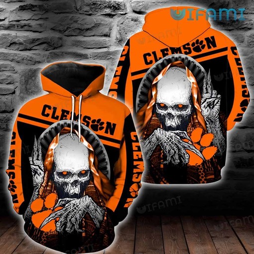 Clemson Tigers All Over Print Hoodie with Skull Design