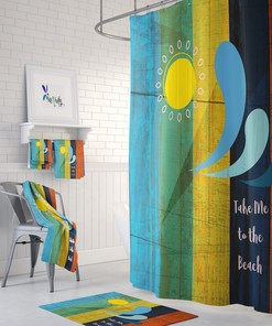 Coastal Bathroom Decor with Rustic Beach Sign Shower Curtain and Unique Restroom Shower Curtains Ideas