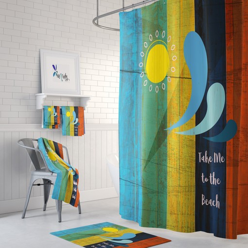 Coastal Bathroom Decor with Rustic Beach Sign Shower Curtain and Unique Restroom Shower Curtains Ideas