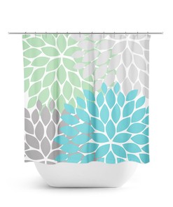 Coastal Sea Glass Blue Flower Shower Curtain | Green Gray Water-Resistant Bath Decor