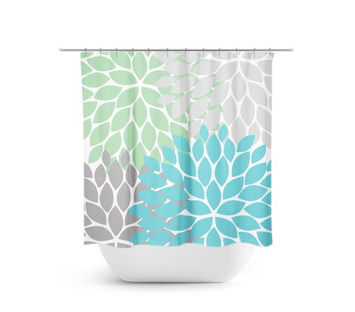 Coastal Sea Glass Blue Flower Shower Curtain | Green Gray Water-Resistant Bath Decor