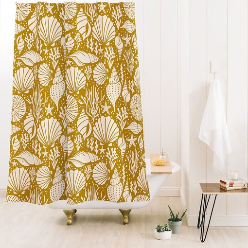 Coastal Yellow Shower Curtain with Sea Urchin Design for Fun Beach House Bathroom