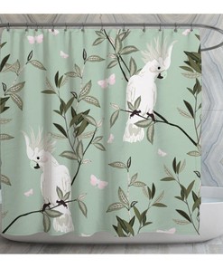 Cockatoo Shower Curtain | White & Sage Green Bird Print Bath Decor | Vintage Bathroom