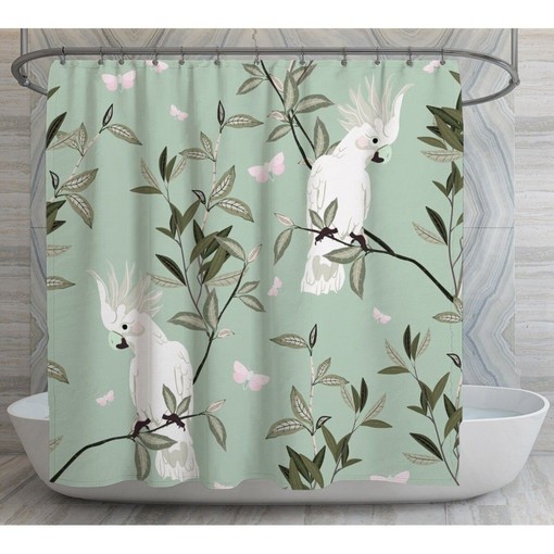 Cockatoo Shower Curtain | White & Sage Green Bird Print Bath Decor | Vintage Bathroom