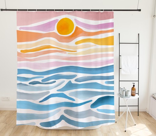Colorful Art Wave Shower Curtain | Summer Sea Inspired | Waterproof Curtain + Hooks | Relaxing Bathroom Decor - Image 2
