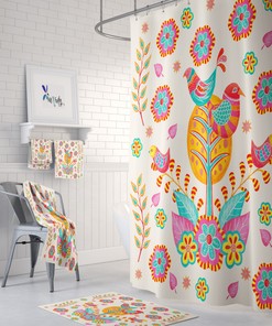 Colorful Bird Art Shower Curtain | Folk Art Inspired | Pretty Bathroom Decor | Customizable