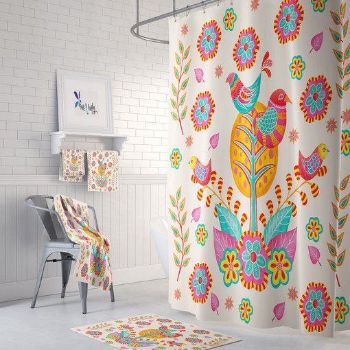 Colorful Bird Art Shower Curtain | Folk Art Inspired | Pretty Bathroom Decor | Customizable