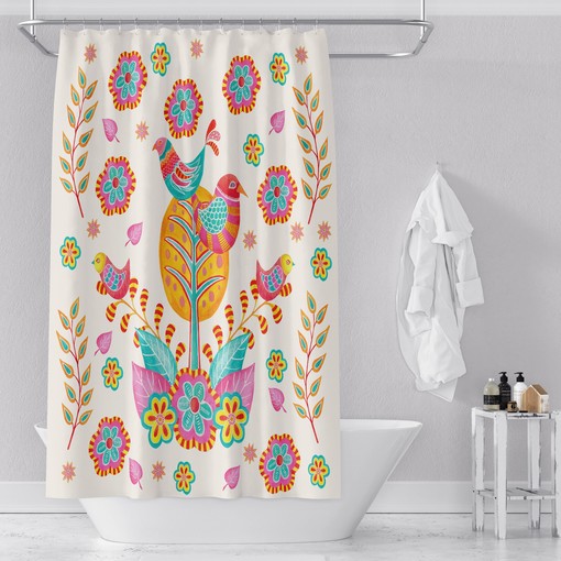 Colorful Bird Art Shower Curtain | Folk Art Inspired | Pretty Bathroom Decor | Customizable - Image 2