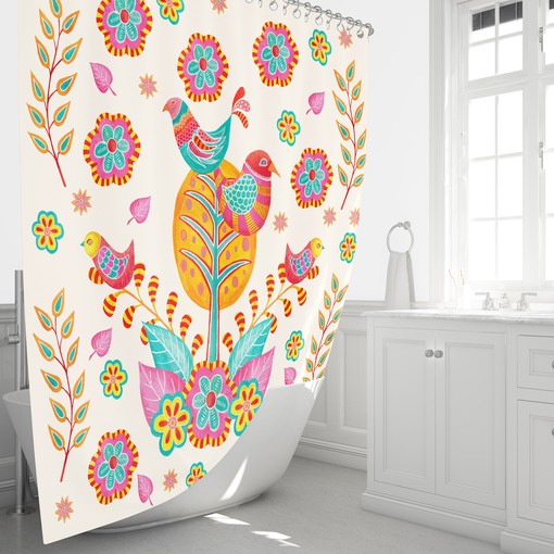 Colorful Bird Art Shower Curtain | Folk Art Inspired | Pretty Bathroom Decor | Customizable - Image 3