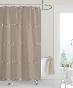 Colorful Boho Dots Shower Curtain, Watercolor Design, Neutral Tan Fabric Bath Curtain