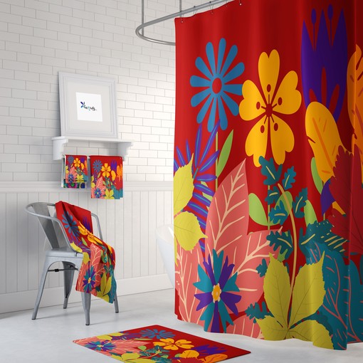 Colorful Bold Floral Maximalist Shower Curtain Set - Eye-Catching Bath Set with Matching Towels