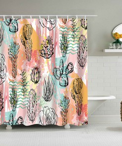 Colorful Cactus Desert Plants Shower Curtain, Abstract Botanical Fabric Bathroom Curtain with Hooks