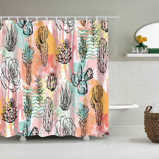 Colorful Cactus Desert Plants Shower Curtain, Abstract Botanical Fabric Bathroom Curtain with Hooks