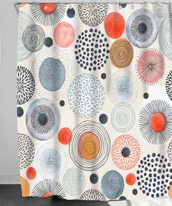 Colorful Circle Round Firework Shower Curtain, Abstract Gray Blue Red Fabric Bathroom Decor with Hooks