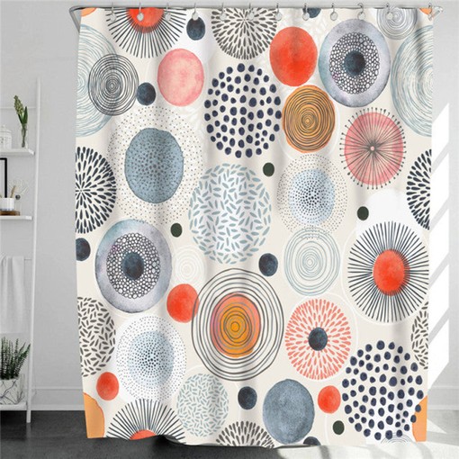Colorful Circle Round Firework Shower Curtain, Abstract Gray Blue Red Fabric Bathroom Decor with Hooks