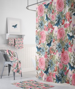 Colorful Floral Butterfly Shower Curtain Set - Vibrant Bath Set with Optional Bathroom Accessories