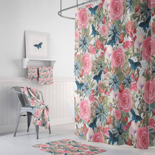 Colorful Floral Butterfly Shower Curtain Set - Vibrant Bath Set with Optional Bathroom Accessories