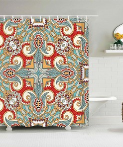 Colorful Geometric Floral Shower Curtain | Mandala Flower Graphic Bath Curtain | Unique Print Bathroom Decor