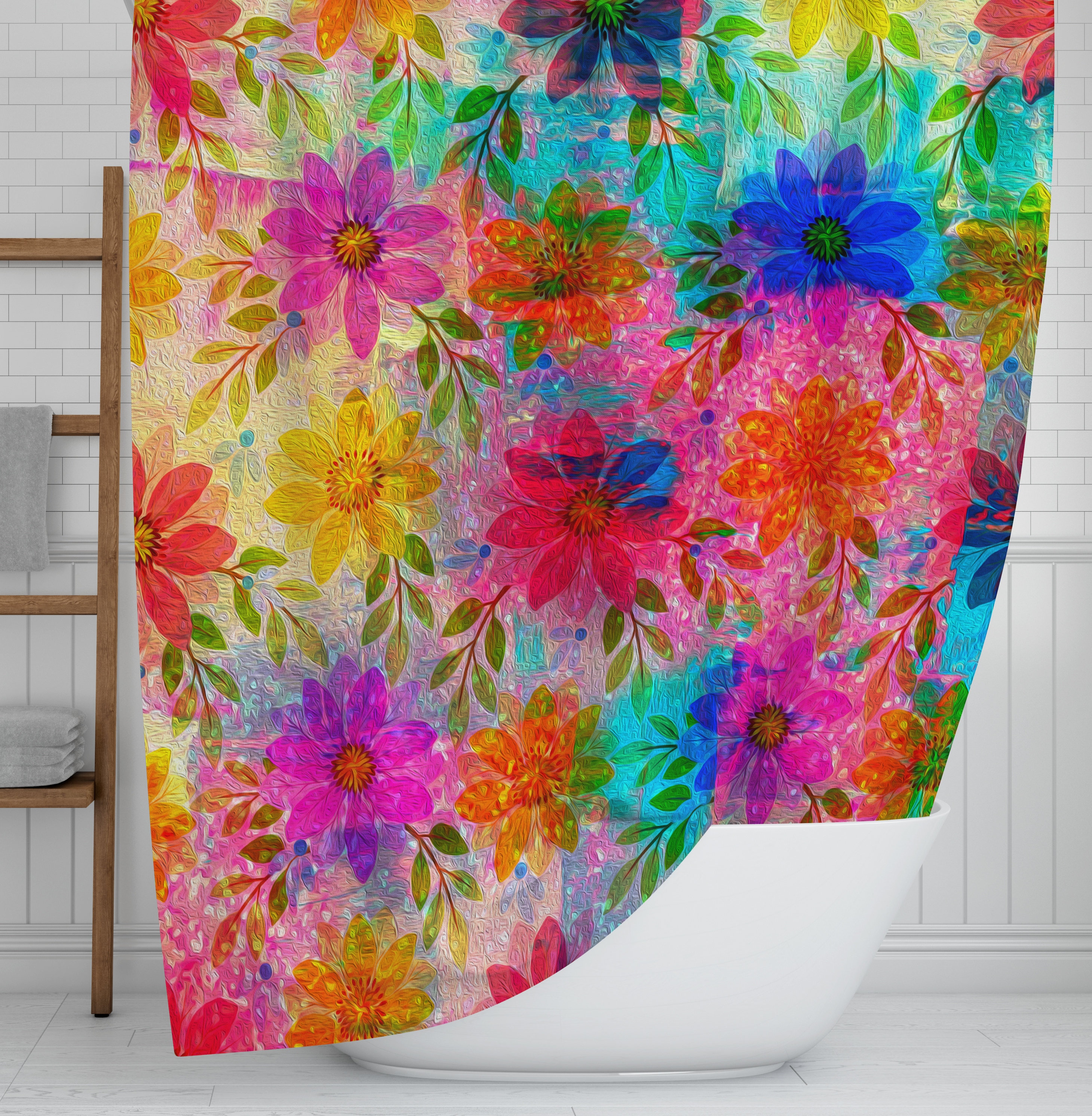 Colorful Hippie Bohemian Floral Shower Curtain | Fabric Bath Decor for Groovy Bathroom - Image 2