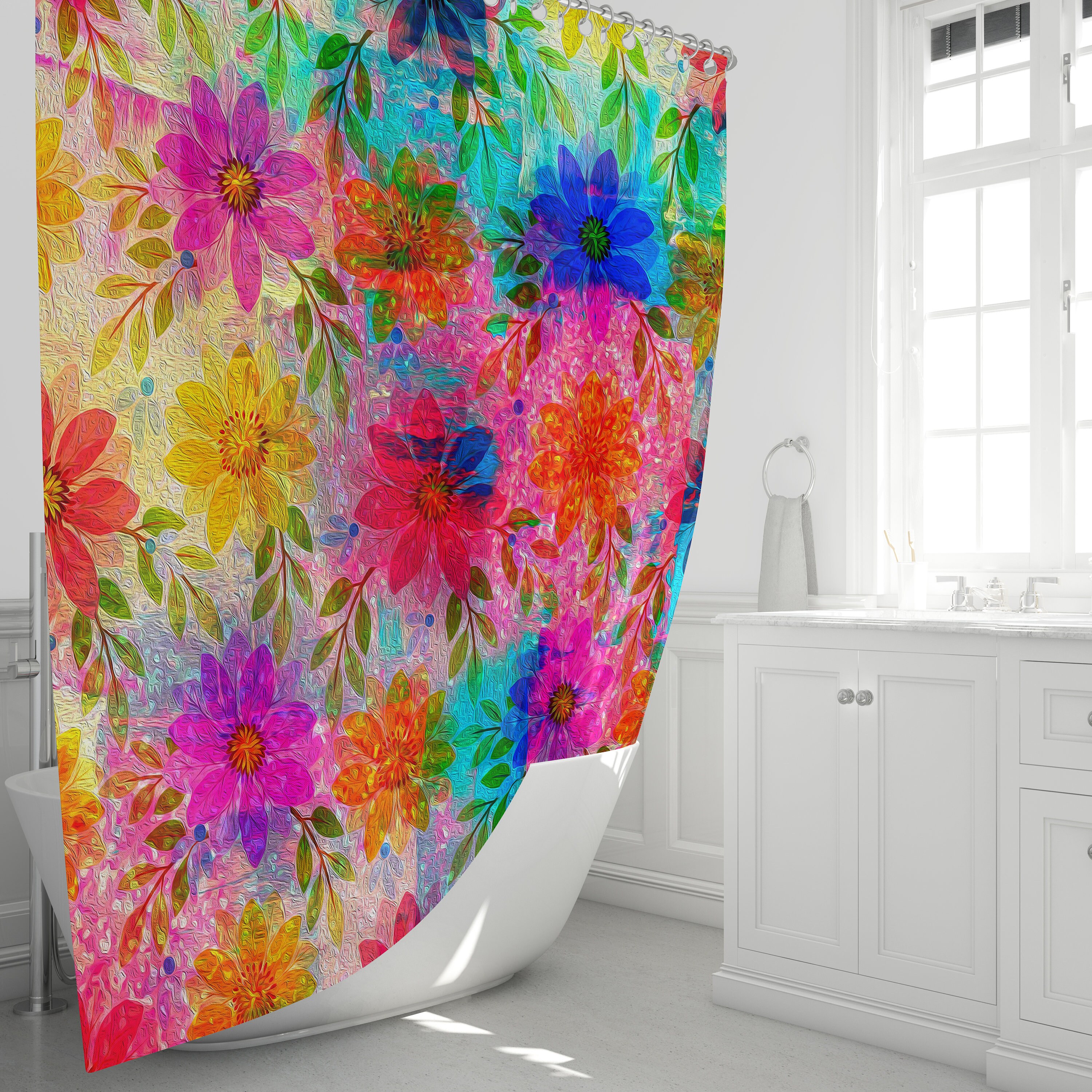 Colorful Hippie Bohemian Floral Shower Curtain | Fabric Bath Decor for Groovy Bathroom - Image 3