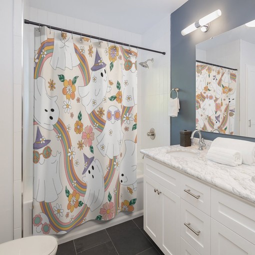 Colorful Hippie Rainbow Shower Curtain, Luxury Bathroom Decor, Peace Love Freedom Design - Image 2