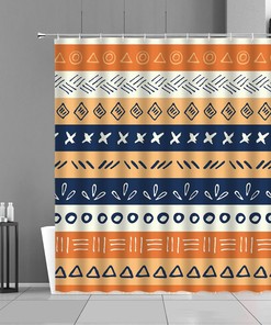 Colorful Mid-century Boho Horizontal Blue Fabric Shower Curtain, Retro Stripe Pattern, Unique Tub Accessory