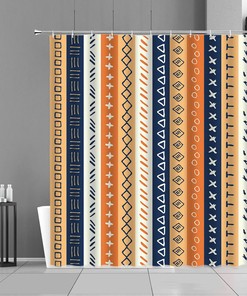 Colorful Mid-century Boho Vertical Blue Fabric Shower Curtain, Retro Stripe Pattern, Unique Tub Accessory
