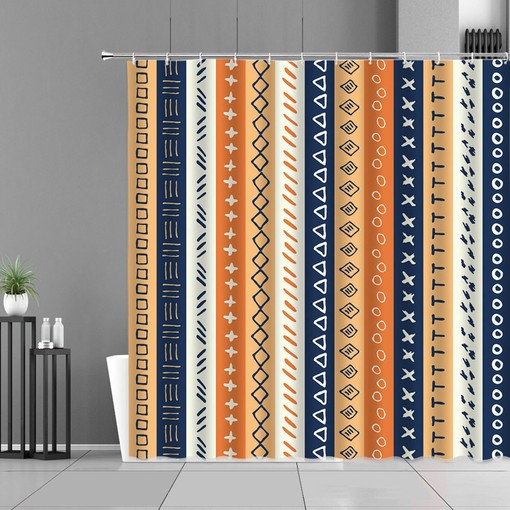 Colorful Mid-century Boho Vertical Blue Fabric Shower Curtain, Retro Stripe Pattern, Unique Tub Accessory