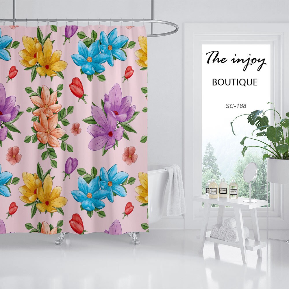 Colorful Minimalist Flowers Shower Curtain with Customizable Size for Your Bathroom - Image 2