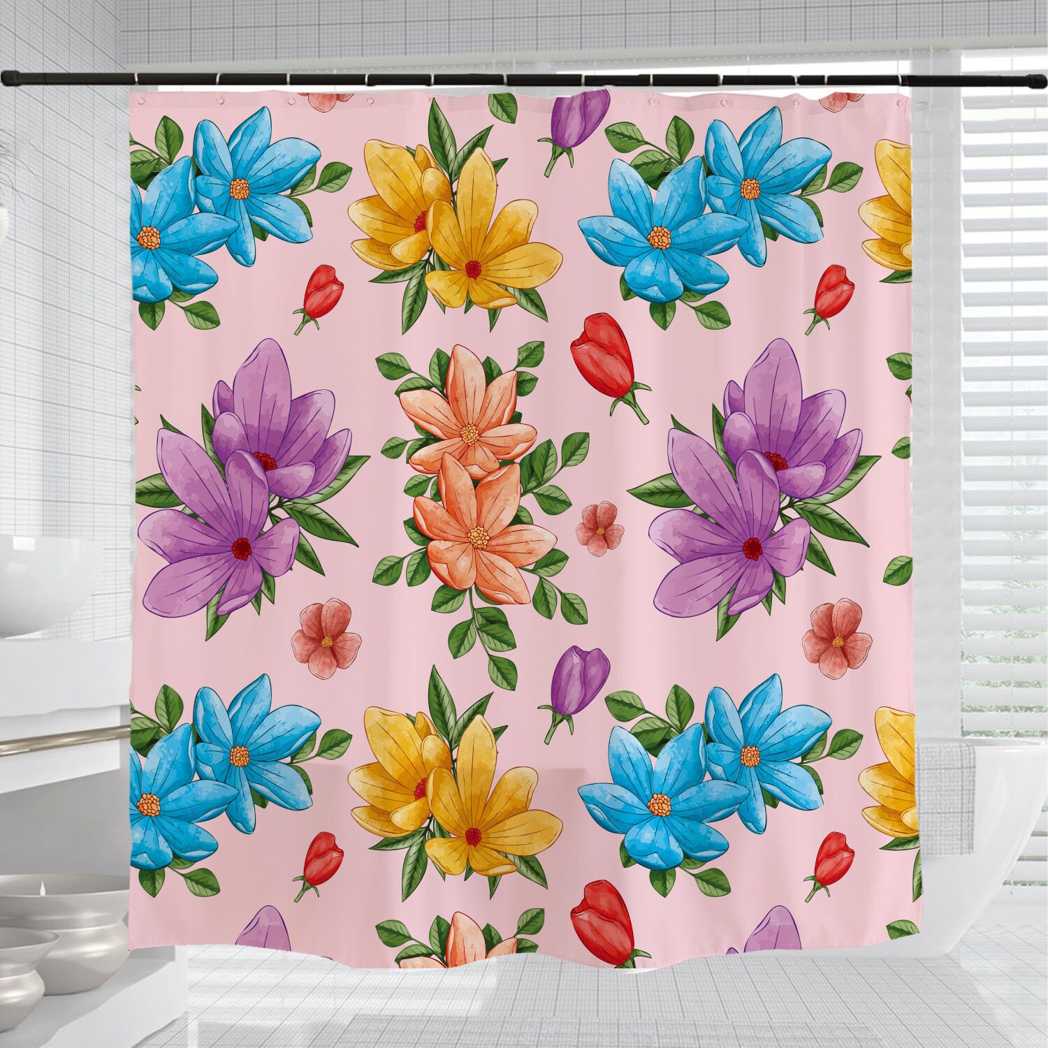 Colorful Minimalist Flowers Shower Curtain with Customizable Size for Your Bathroom - Image 3