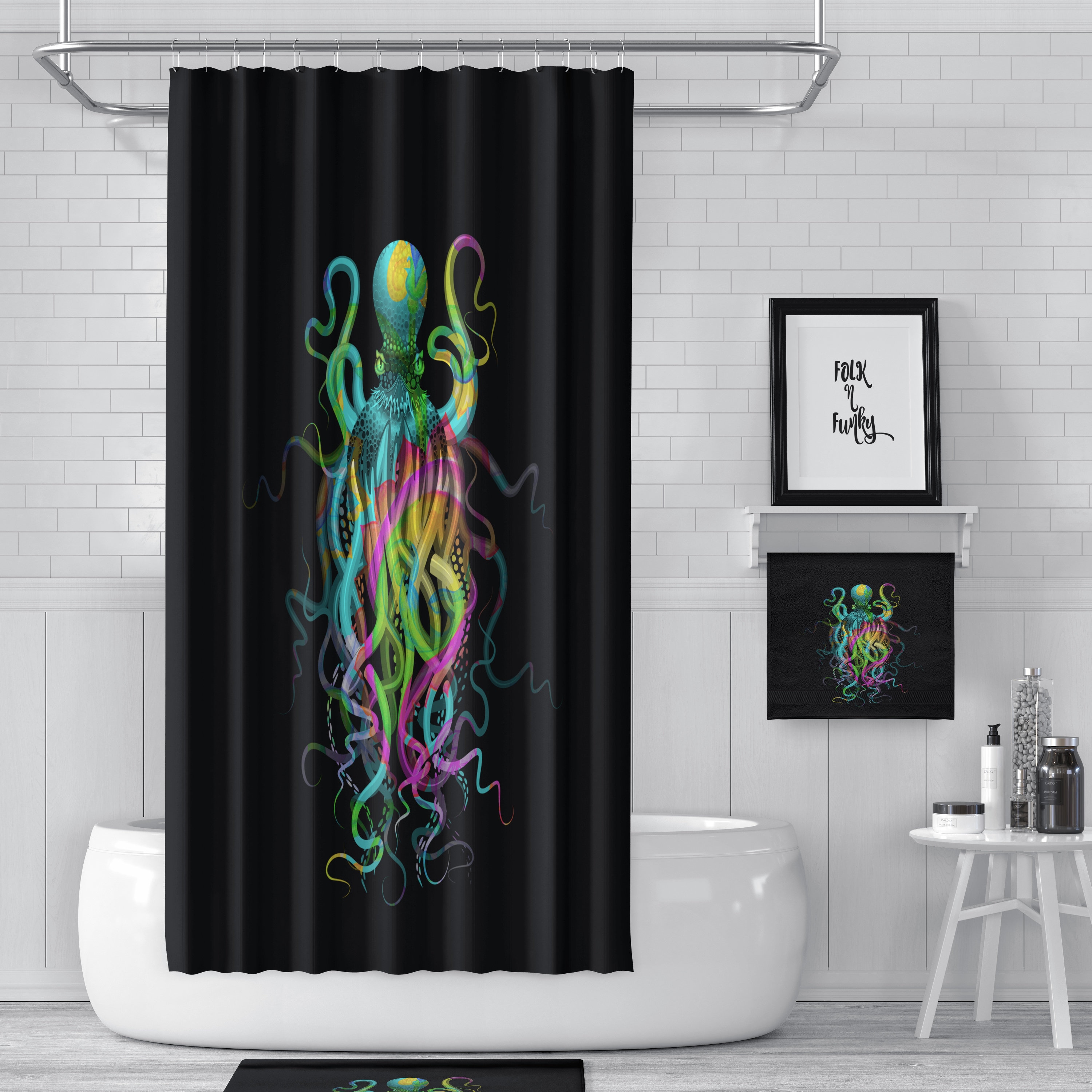 Colorful Octopus Ocean Shower Curtain with Matching Accessories for Beach-Inspired Bathroom Decor