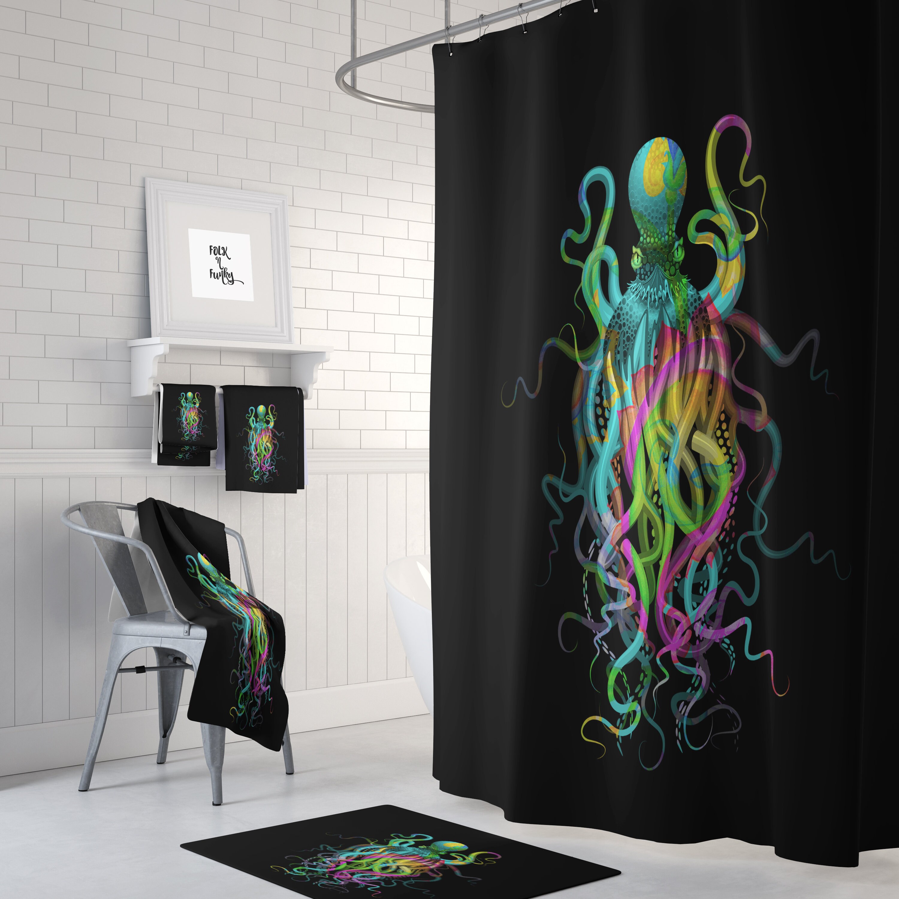 Colorful Octopus Ocean Shower Curtain with Matching Accessories for Beach-Inspired Bathroom Decor - Image 2
