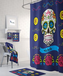 Colorful Personalized Sugar Skull Shower Curtain with Colorful Bath Items for Bohemian Bathroom Decor