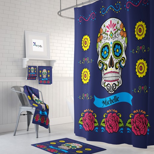 Colorful Personalized Sugar Skull Shower Curtain with Colorful Bath Items for Bohemian Bathroom Decor