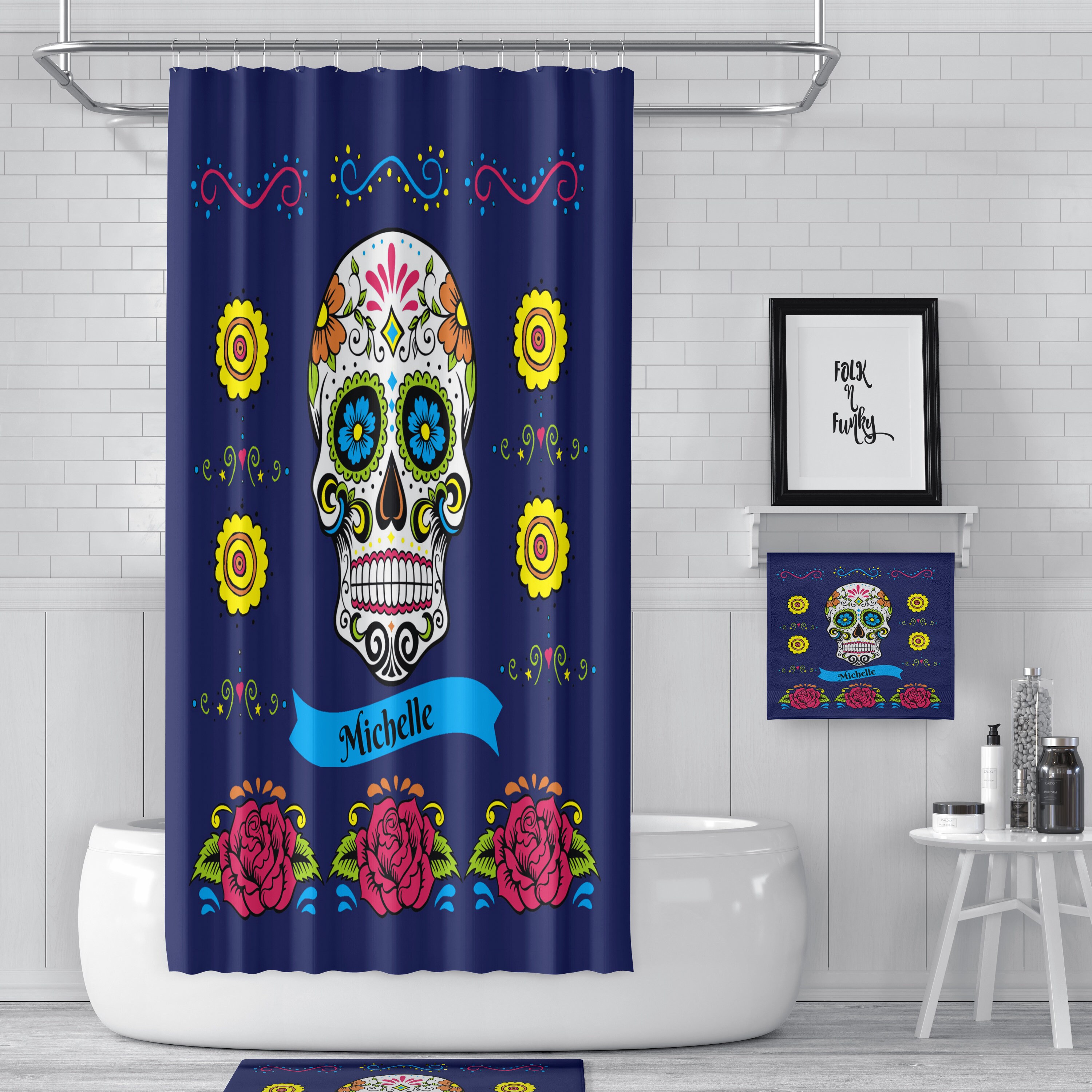 Colorful Personalized Sugar Skull Shower Curtain with Colorful Bath Items for Bohemian Bathroom Decor - Image 2