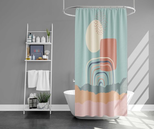Colorful Sky Rainbow Shower Curtain | Clouds Over Landscape Print | Bathroom Decor - Image 2
