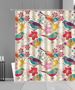 Colorful Spring Bird Shower Curtain | Blue Yellow Fabric | Bathroom Accessories