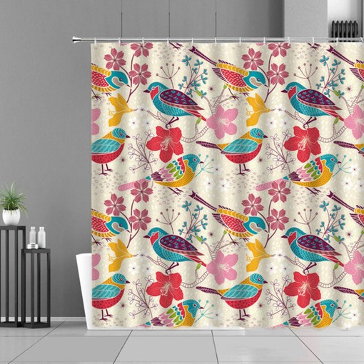 Colorful Spring Bird Shower Curtain | Blue Yellow Fabric | Bathroom Accessories