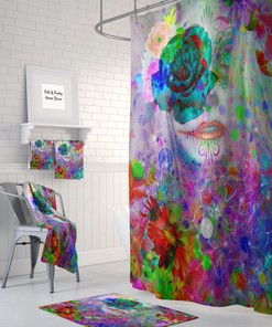 Colorful Sugar Skull Day of the Dead Shower Curtain Set - Eye-Catching Bath Set with Matching Towels