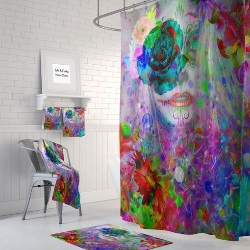 Colorful Sugar Skull Day of the Dead Shower Curtain Set - Eye-Catching Bath Set with Matching Towels