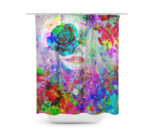 Colorful Sugar Skull Day of the Dead Shower Curtain Set - Eye-Catching Bath Set with Matching Towels - Image 2