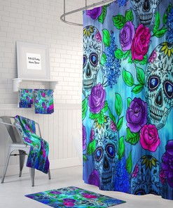 Colorful Sugar Skull Shower Curtain Set with Coordinating Bath Towels and Mats for Vibrant Ambiance